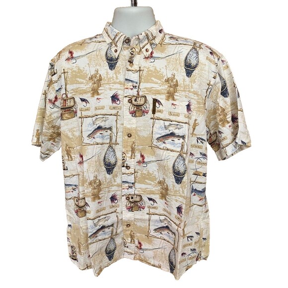 North River Outfitters S/S Fishing Scene Print Button-Down Shirt Size Medium - Picture 1 of 5